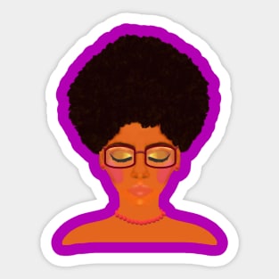 Woman with Afro, Glasses and Coral Beaded Jewelry (Purple Background) Sticker